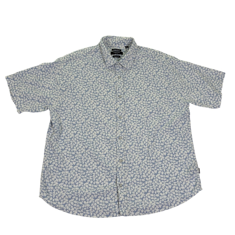 Kenneth Cole New York Mens 3X Blue Leaf Print Linen Blend Shirt Short Sleeve